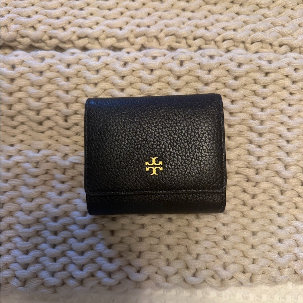 Tory Burch Black Pebbled Leather Trifold Wallet with Gold Logo